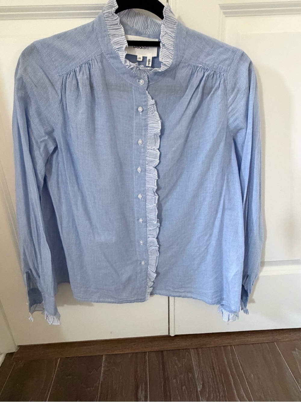 EUC Ruffled Collar Button-Up Blouse in Light Blue